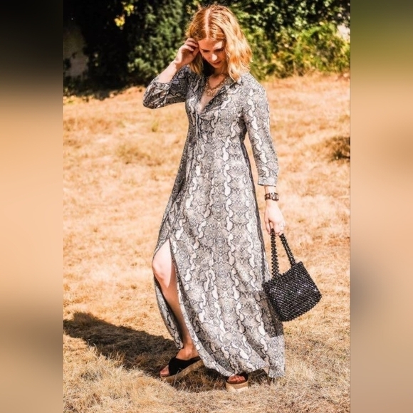 Zara Black And Grey Snake Print Long Shirt Dress Button Down Size XS - Picture 8 of 16